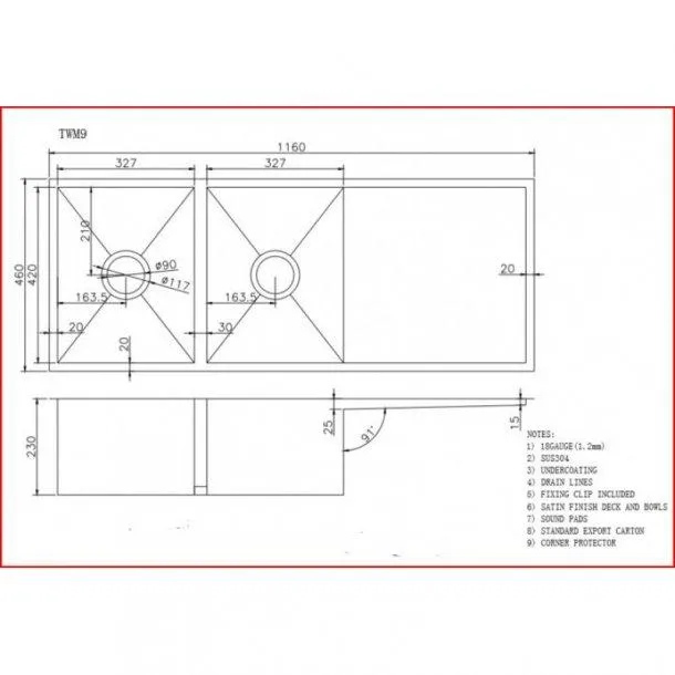 1160x460x230mm 1.2mm Handmade Top/Undermount Double Bowls Kitchen Sink