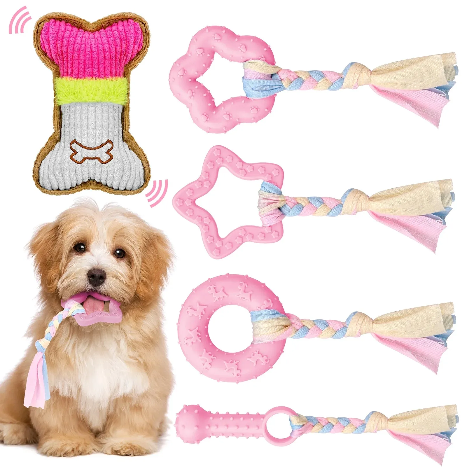 5 Pack Pink Puppy Chew Toys for Teething Small Dogs