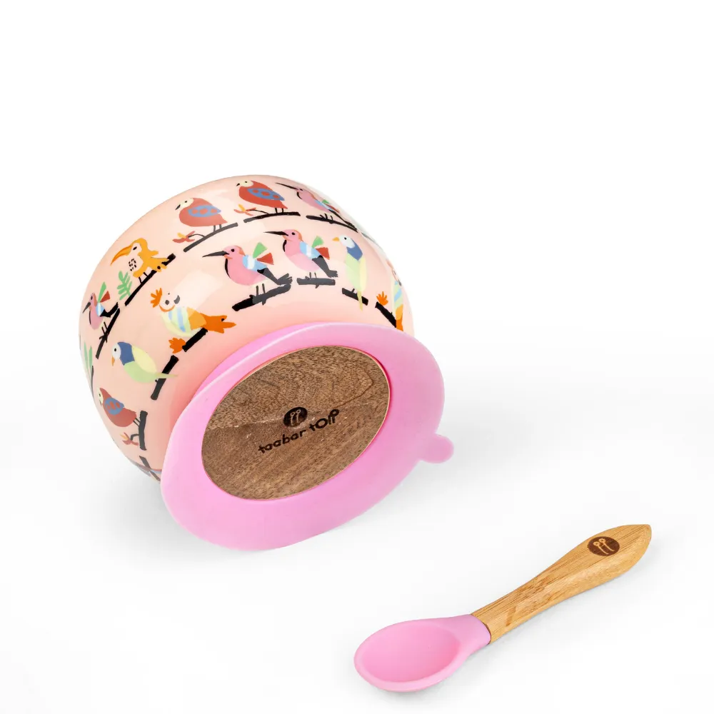 Anek Chidiya Wooden Suction Bowl And Spoon Set - Pink
