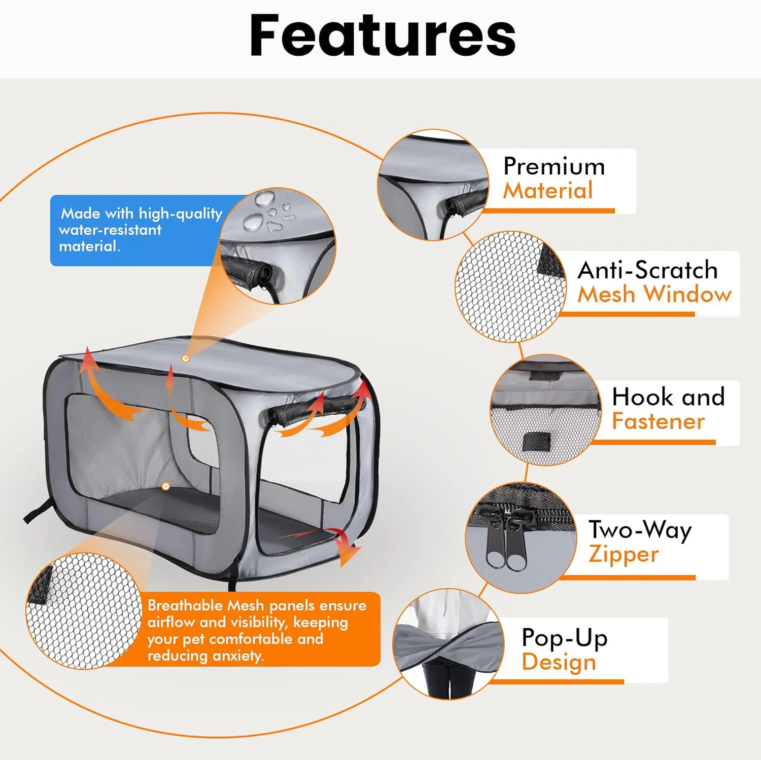 Beatrice Home Fashions Portable, Collapsible, Pop Up Kennel Travel Cat and Dog Crate, 40" L x 27" W x 27" H, Gray
