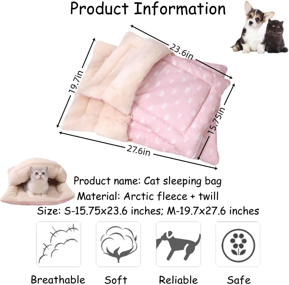 Cat Winter Sleeping Bag - Self Warming Bed Cave for Indoor Cats, Soft Plush Sack With Cozy Pet Mat for Kitten (Pink A, M-19.7x27.6in)