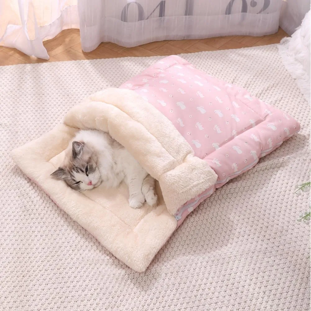 Cat Winter Sleeping Bag - Self Warming Bed Cave for Indoor Cats, Soft Plush Sack With Cozy Pet Mat for Kitten (Pink A, M-19.7x27.6in)