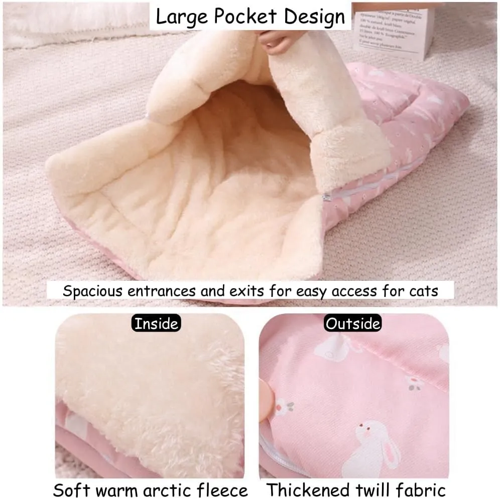 Cat Winter Sleeping Bag - Self Warming Bed Cave for Indoor Cats, Soft Plush Sack With Cozy Pet Mat for Kitten (Pink A, M-19.7x27.6in)