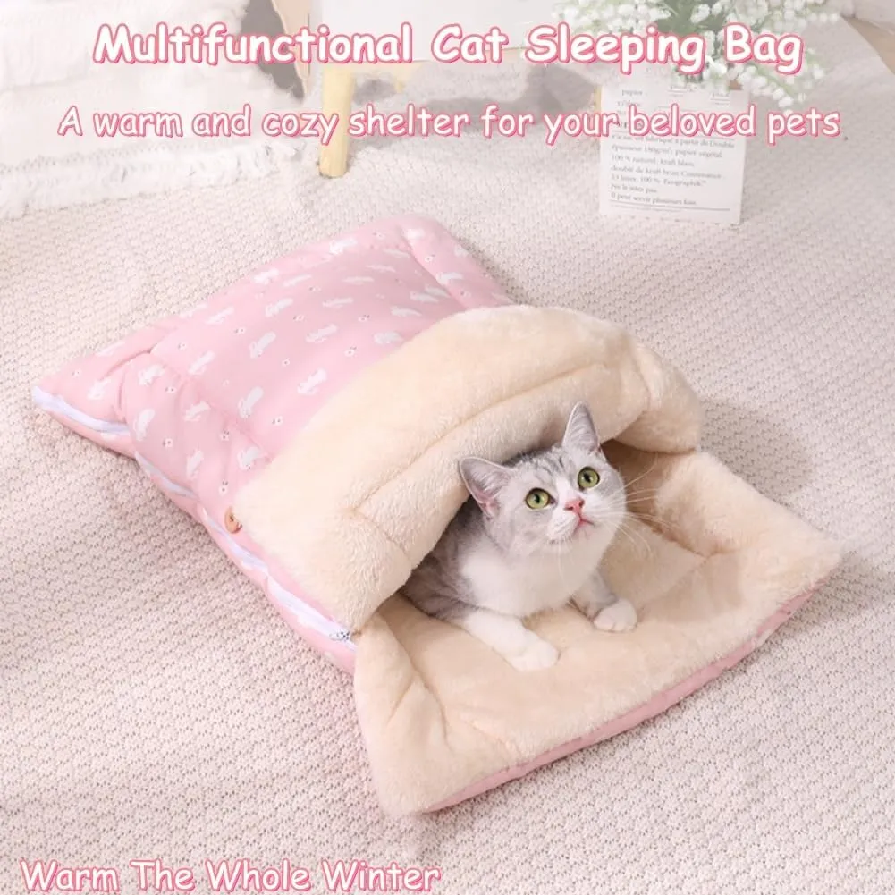 Cat Winter Sleeping Bag - Self Warming Bed Cave for Indoor Cats, Soft Plush Sack With Cozy Pet Mat for Kitten (Pink A, M-19.7x27.6in)