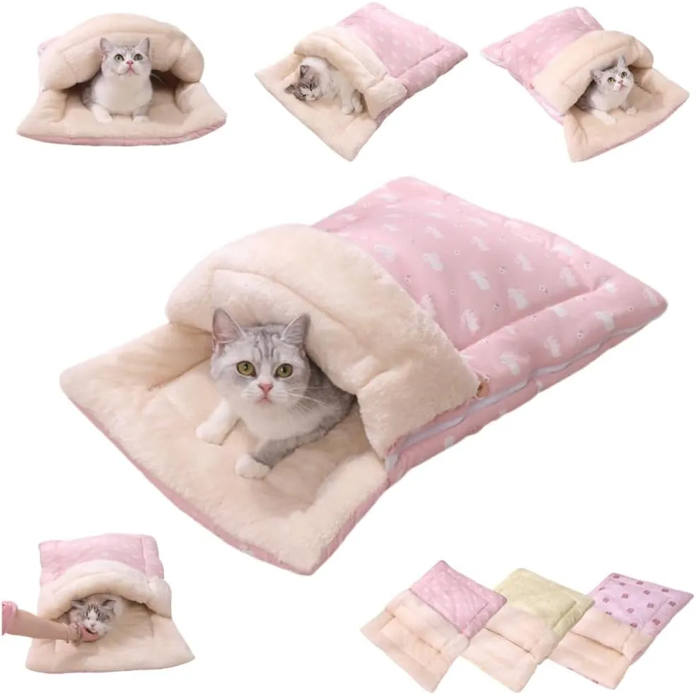 Cat Winter Sleeping Bag - Self Warming Bed Cave for Indoor Cats, Soft Plush Sack With Cozy Pet Mat for Kitten (Pink A, M-19.7x27.6in)