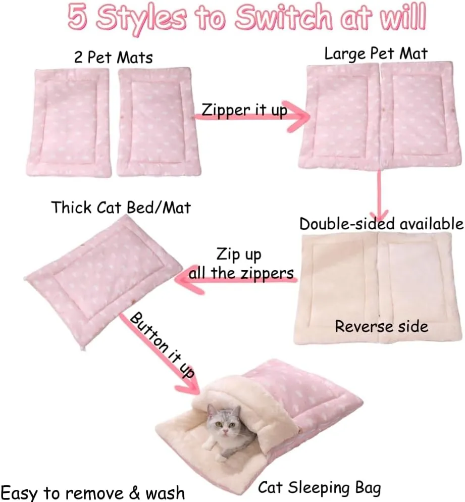Cat Winter Sleeping Bag - Self Warming Bed Cave for Indoor Cats, Soft Plush Sack With Cozy Pet Mat for Kitten (Pink A, M-19.7x27.6in)