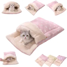 Cat Winter Sleeping Bag - Self Warming Bed Cave for Indoor Cats, Soft Plush Sack With Cozy Pet Mat for Kitten (Pink A, M-19.7x27.6in)
