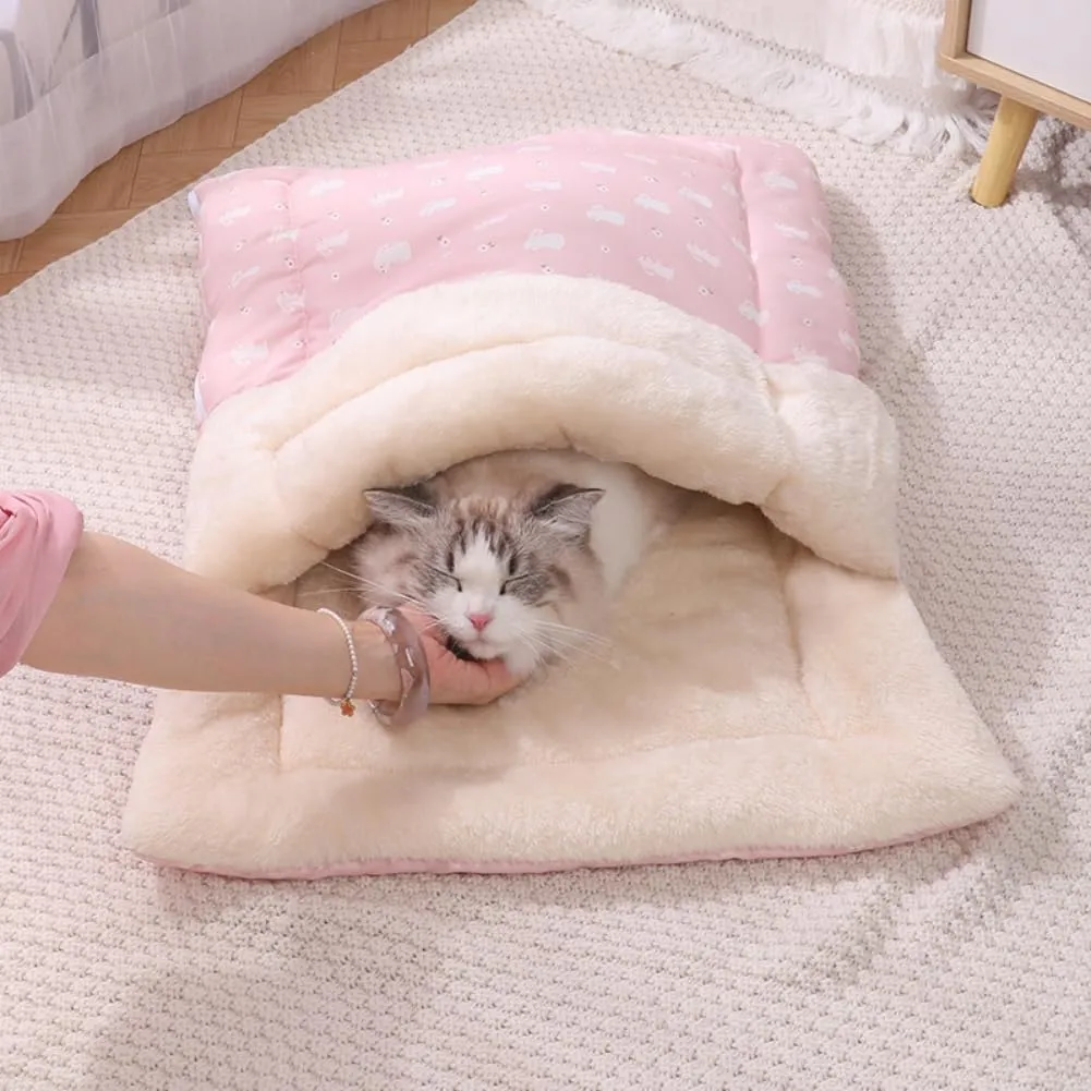 Cat Winter Sleeping Bag - Self Warming Bed Cave for Indoor Cats, Soft Plush Sack With Cozy Pet Mat for Kitten (Pink A, M-19.7x27.6in)