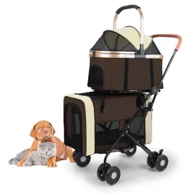 Double Pet Stroller for 2 Dogs or Cats - with 2 Detachable Carrier Cages, Portable Double Dog Strollers with 4 Lockable Wheels for Small Medium Dogs, Travel Cart,Foldable, Sturdy (Coffee)