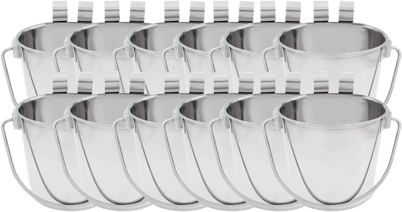 Fuzzy Puppy Flat Sided Pail with Dual Hooks, Snugly Fit On Dog, Cat and Critter Crates & Cages, Heavy Duty Stainless Steel | 2 Quart, 12-Pack (PN: FSP-2-12PK)