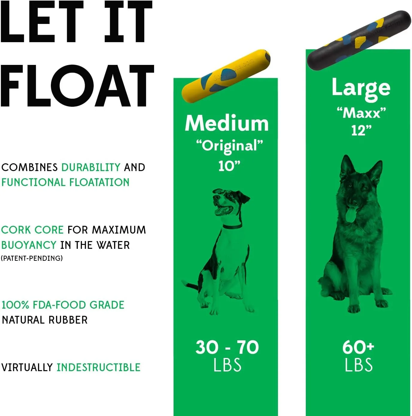 Goughnuts Medium Water Stick  Floating Dog Toys for Water Fetch, Interactive Heavy Duty Dog Pool Toy for Aggressive Chewers, Natural Reinforced Rubber Float, USA Made, 30-70 lbs Dogs
