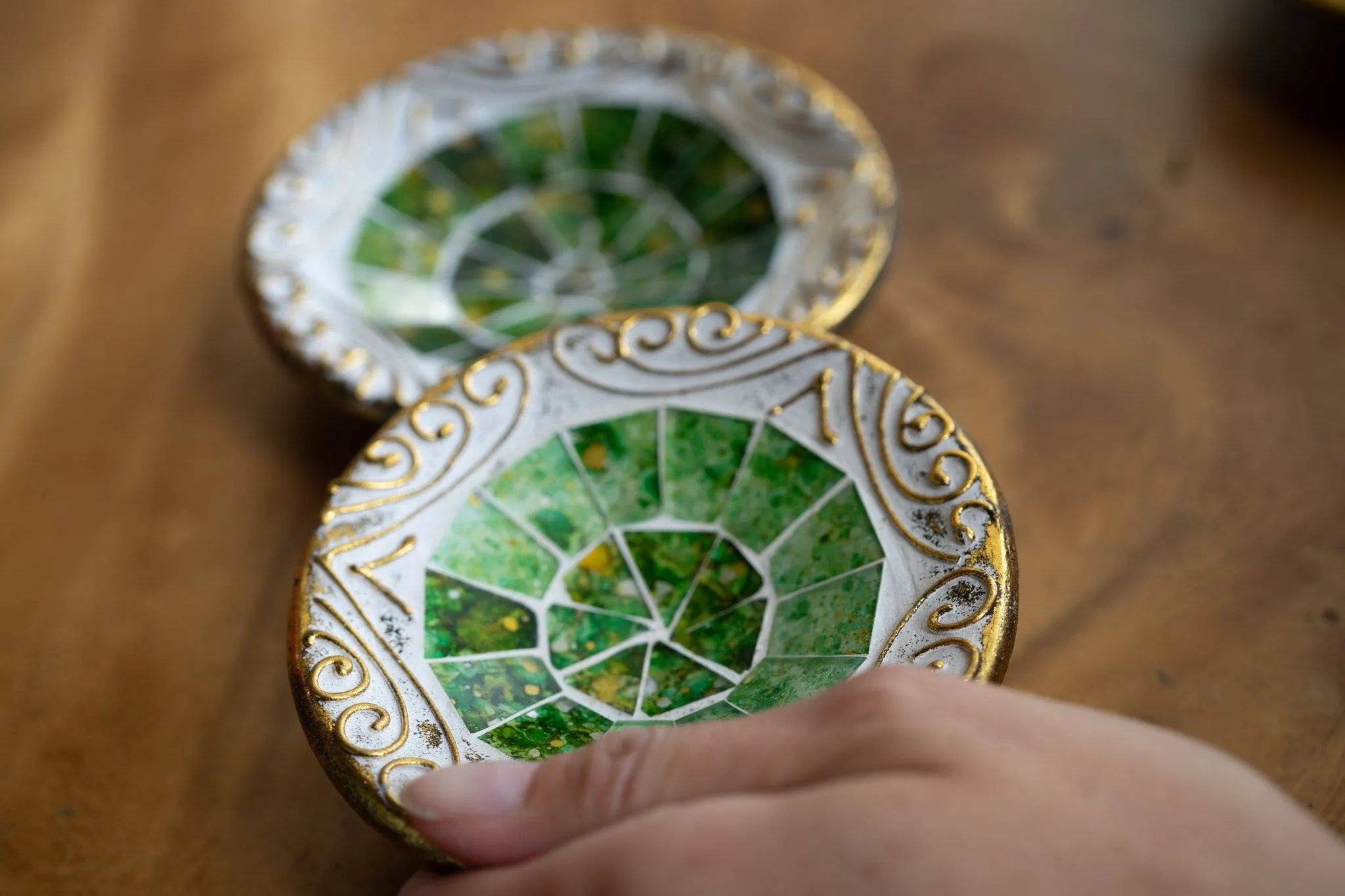 handmade clay bowl embedded with glass -2 set gold green galaxy