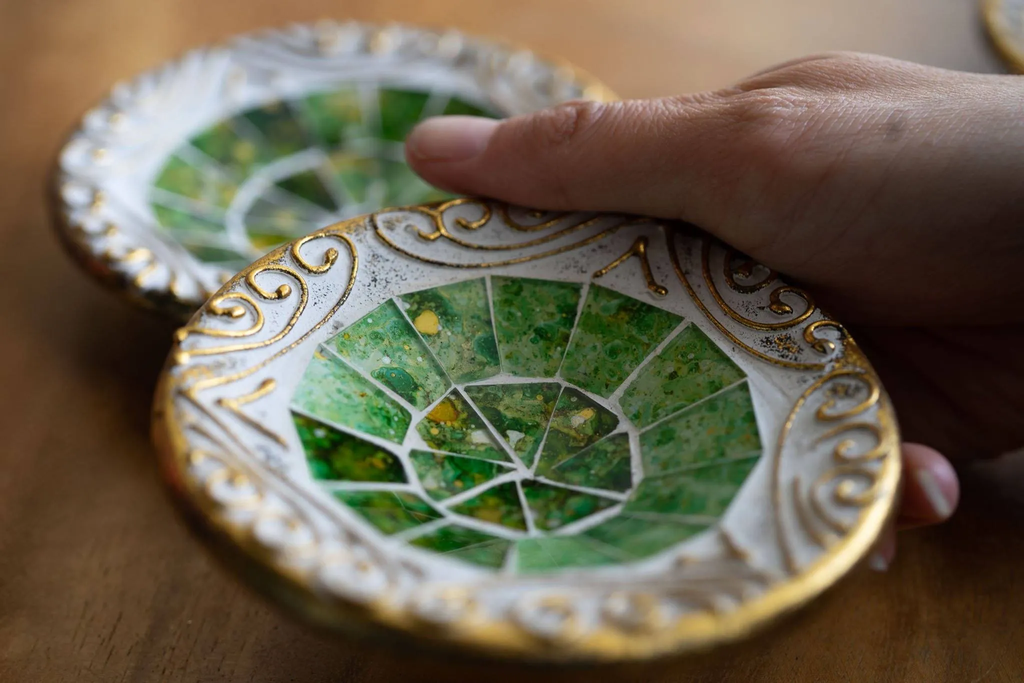 handmade clay bowl embedded with glass -2 set gold green galaxy