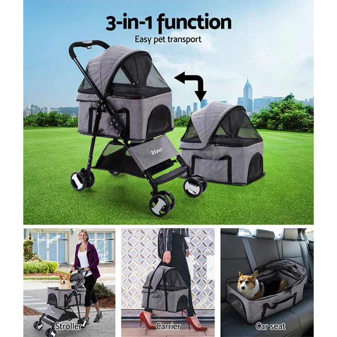 i.Pet  Pet Stroller Dog Carrier Foldable Pram 3 IN 1 Middle Size Grey