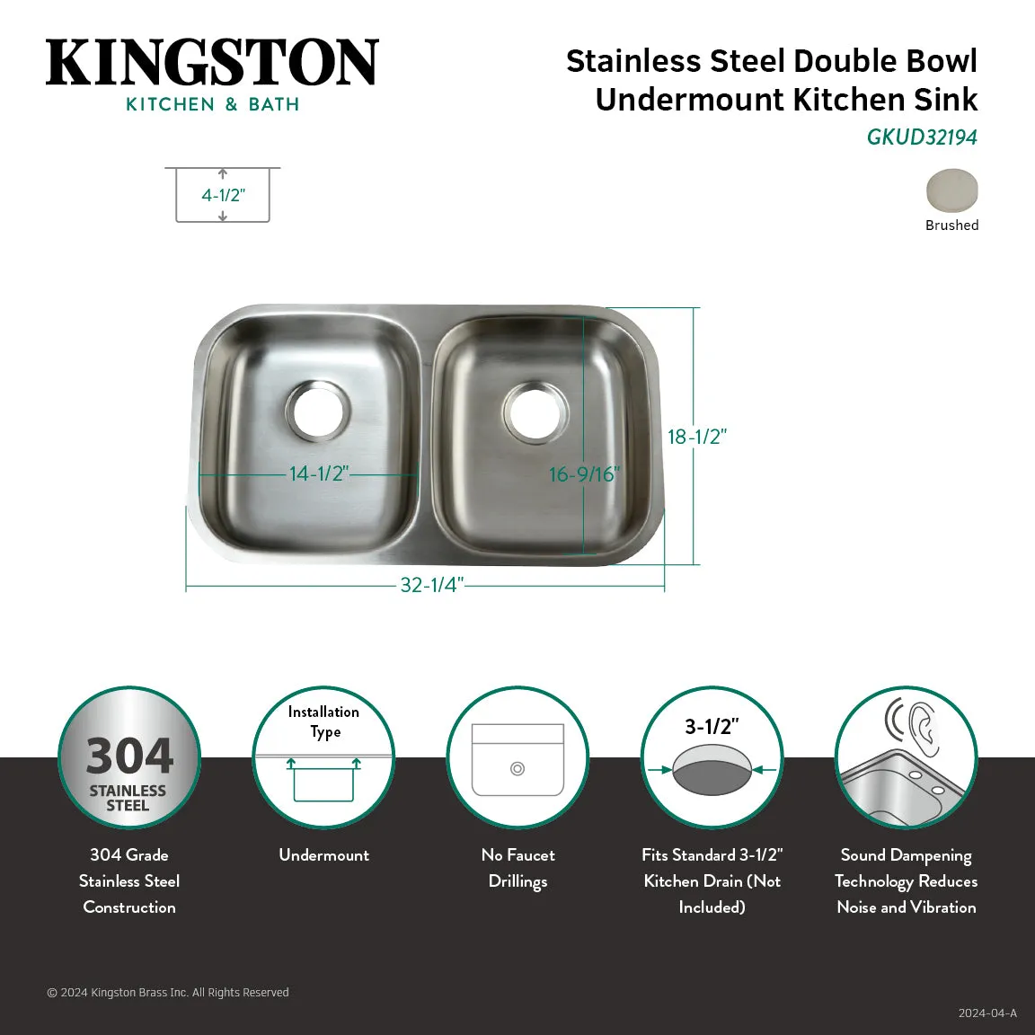Loft GKUD32194 32-Inch Stainless Steel Undermount Double Bowl Kitchen Sink, Brushed
