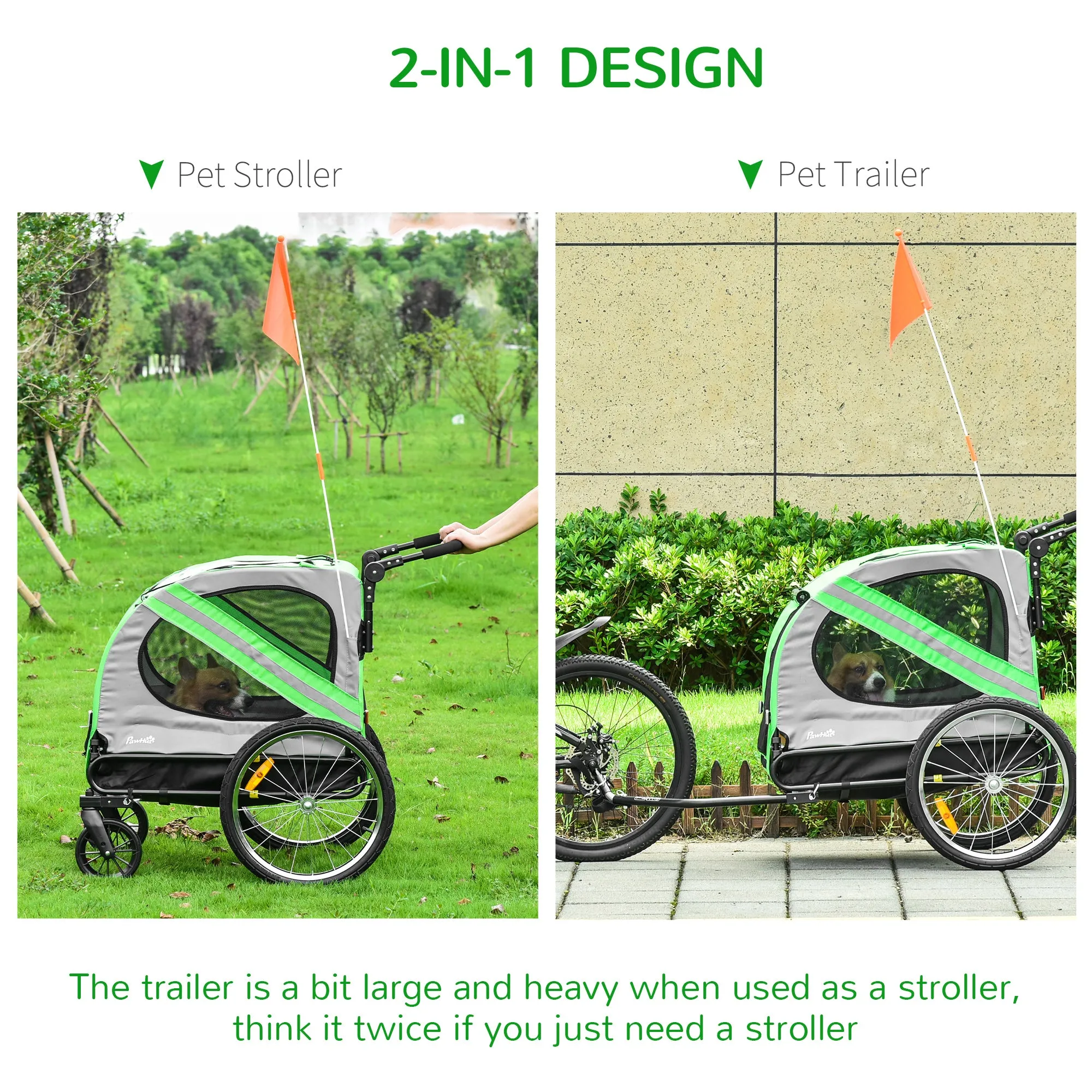 PawHut 2-In-1 Green Dog Bike Trailer Stroller w/ Universal Wheel Reflector Flag