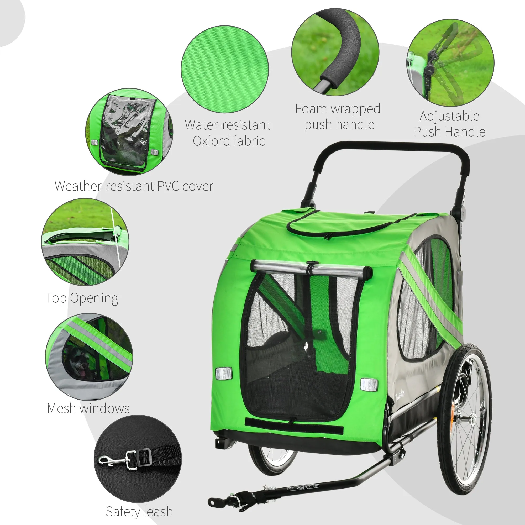 PawHut 2-In-1 Green Dog Bike Trailer Stroller w/ Universal Wheel Reflector Flag