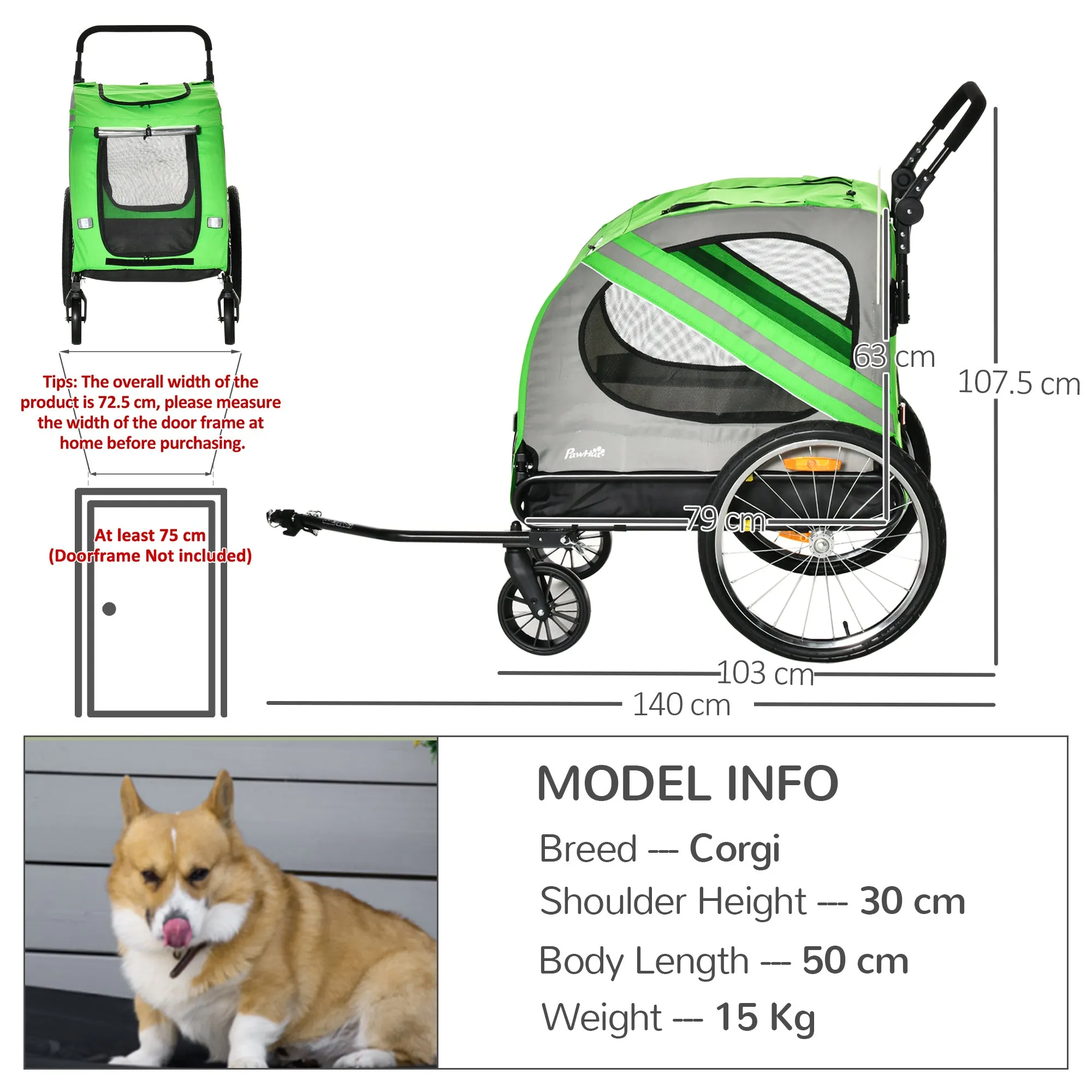 PawHut 2-In-1 Green Dog Bike Trailer Stroller w/ Universal Wheel Reflector Flag
