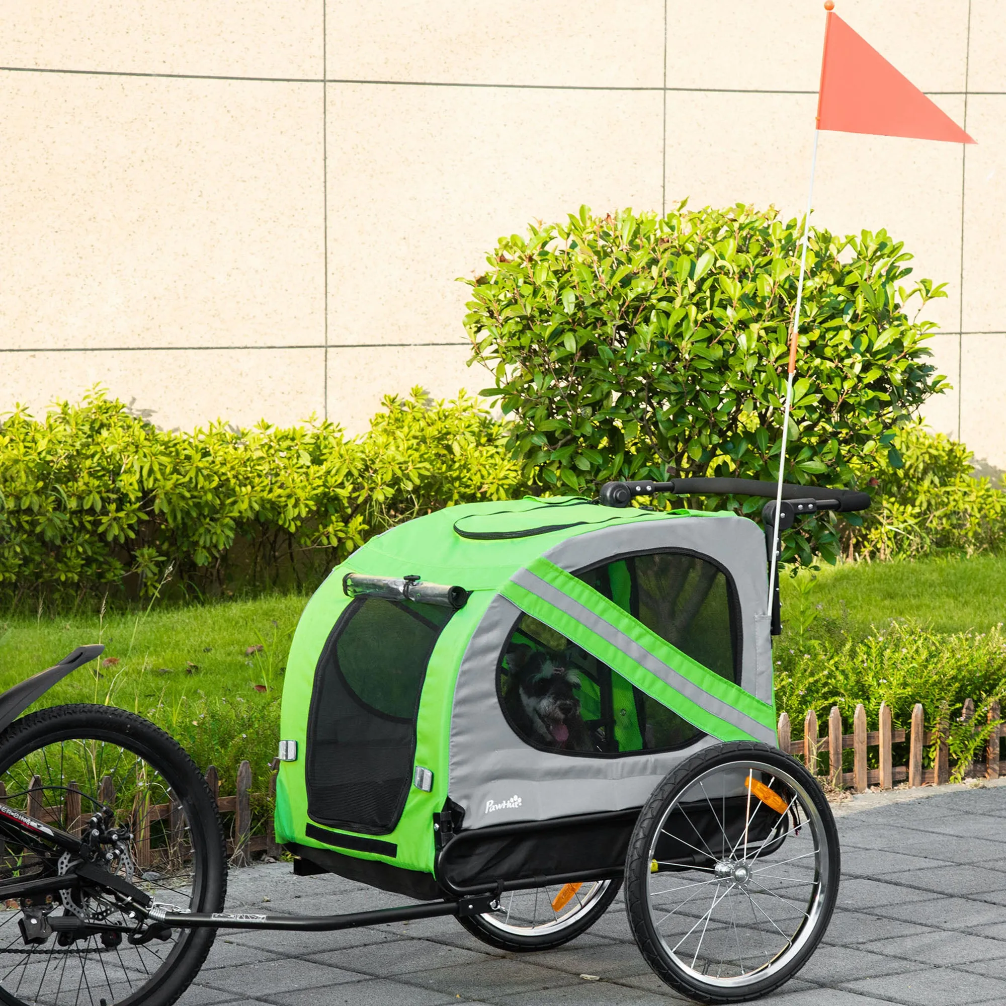 PawHut 2-In-1 Green Dog Bike Trailer Stroller w/ Universal Wheel Reflector Flag