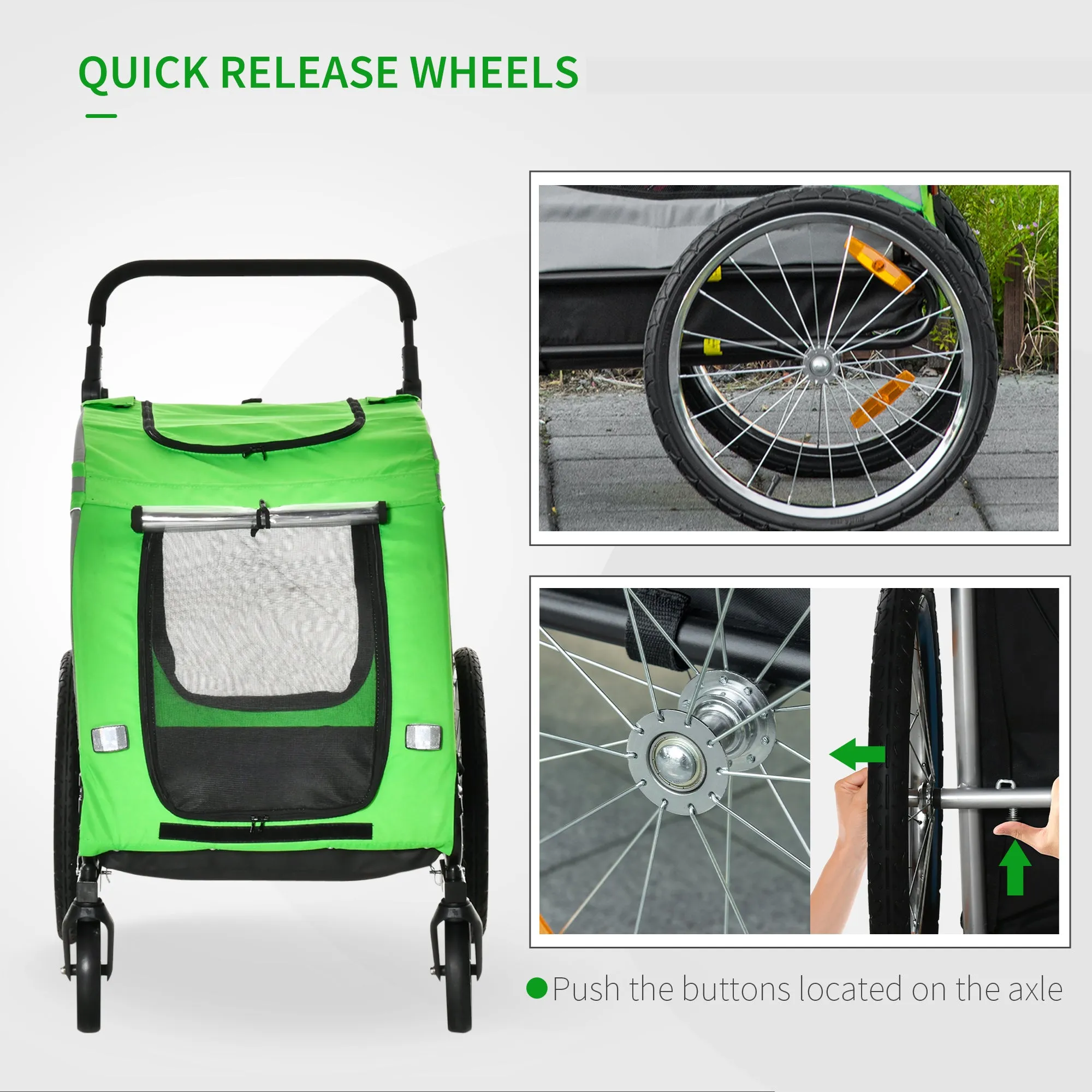PawHut 2-In-1 Green Dog Bike Trailer Stroller w/ Universal Wheel Reflector Flag