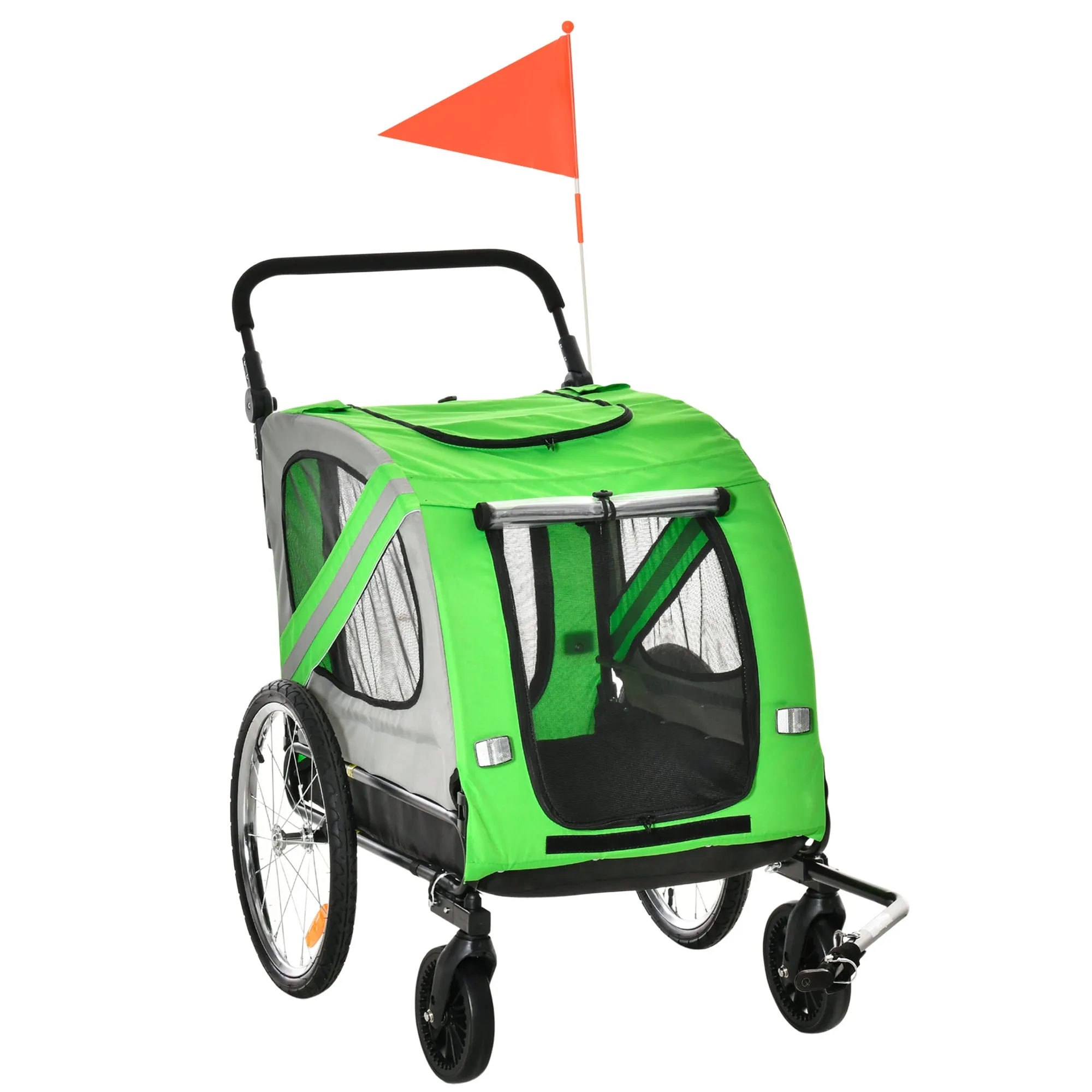 PawHut 2-In-1 Green Dog Bike Trailer Stroller w/ Universal Wheel Reflector Flag