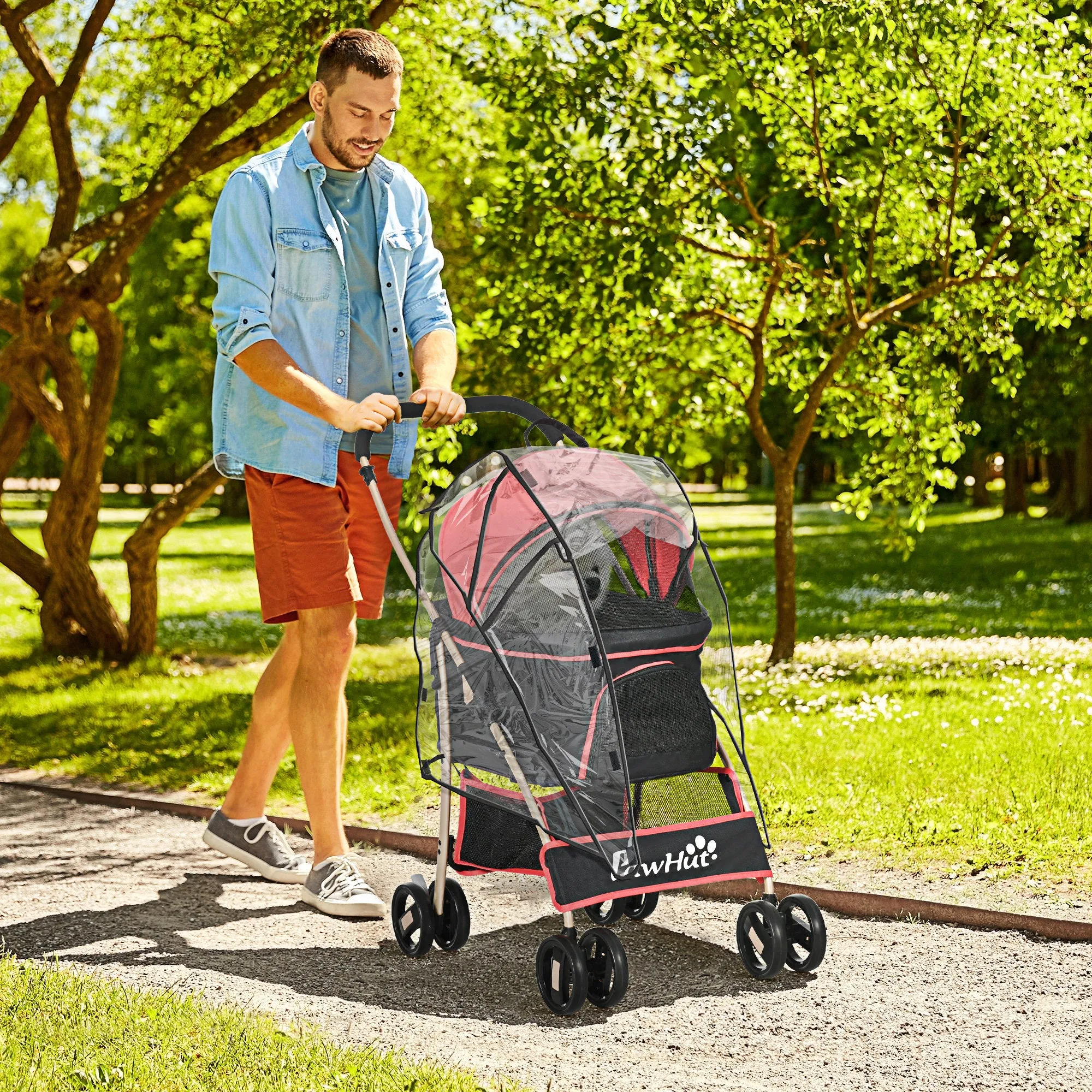 PawHut Detachable Pet Stroller with Rain Cover for Small and Tiny Dogs, Red