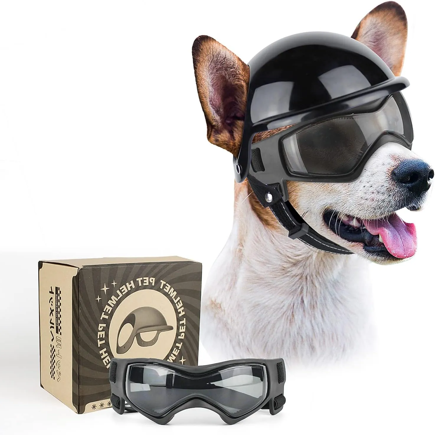 PETLESO Dog Goggles for Small Dogs with Helmet, 2PCS Doggy Sunglasses and Pet Motorcycle Helmet Set for Small Medium Breed Outdoor Driving Walking, Black