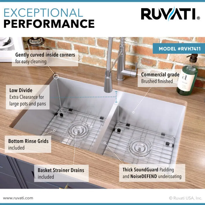 Ruvati 32-inch Low-Divide Undermount Tight Radius 50/50 Double Bowl 16 Gauge Stainless Steel Kitchen Sink - RVH7411