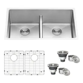 Ruvati 32-inch Low-Divide Undermount Tight Radius 50/50 Double Bowl 16 Gauge Stainless Steel Kitchen Sink - RVH7411