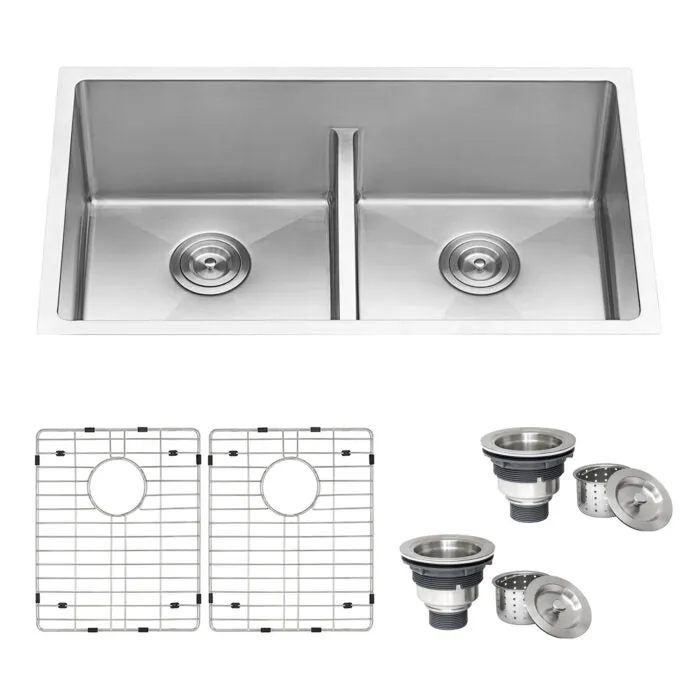 Ruvati 32-inch Low-Divide Undermount Tight Radius 50/50 Double Bowl 16 Gauge Stainless Steel Kitchen Sink - RVH7411
