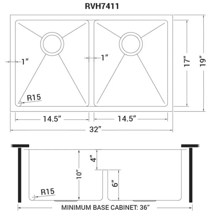 Ruvati 32-inch Low-Divide Undermount Tight Radius 50/50 Double Bowl 16 Gauge Stainless Steel Kitchen Sink - RVH7411