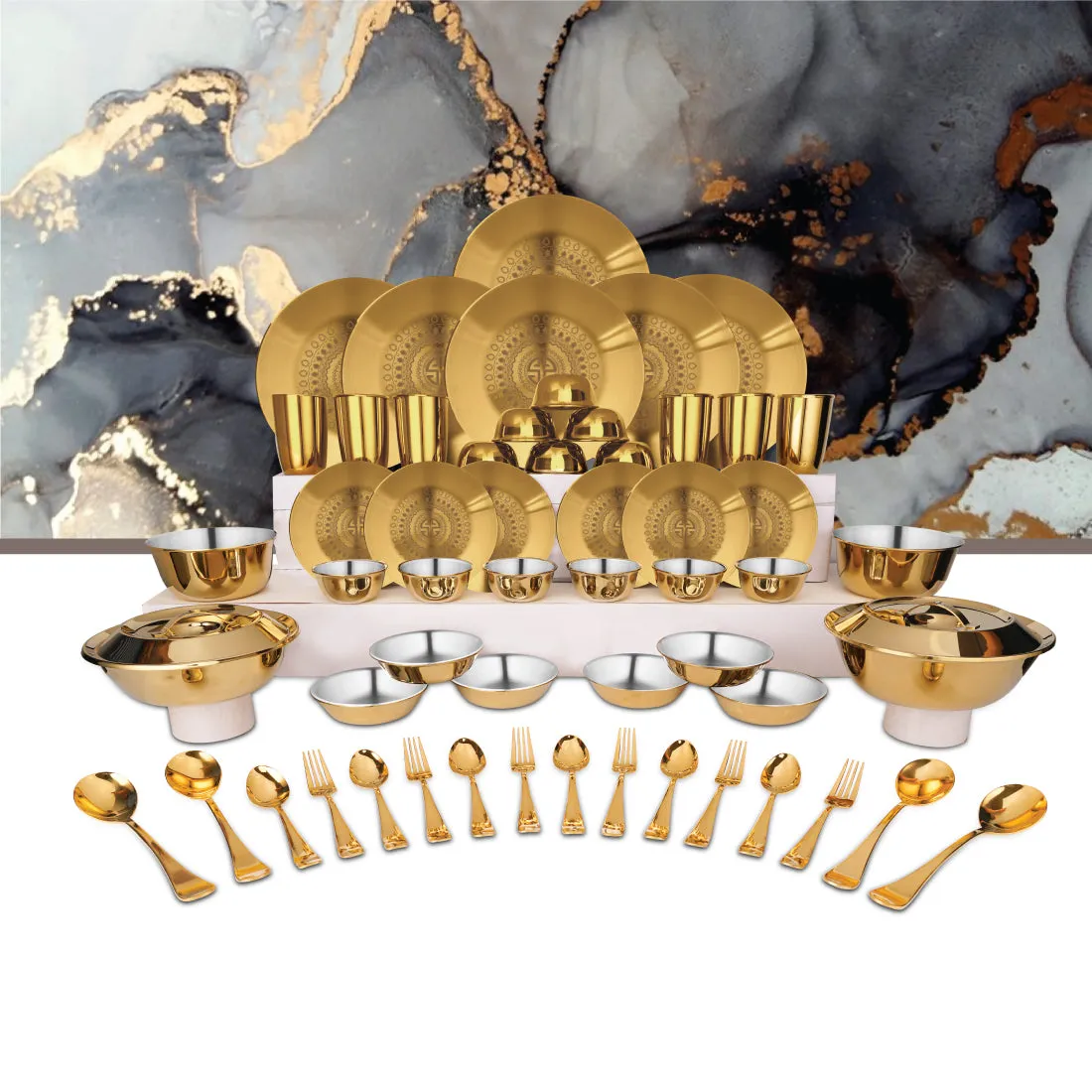 Stainless Steel 64 PCS Dinner Set (6 People) with Gold PVD Coating and Laser Signature - Matt