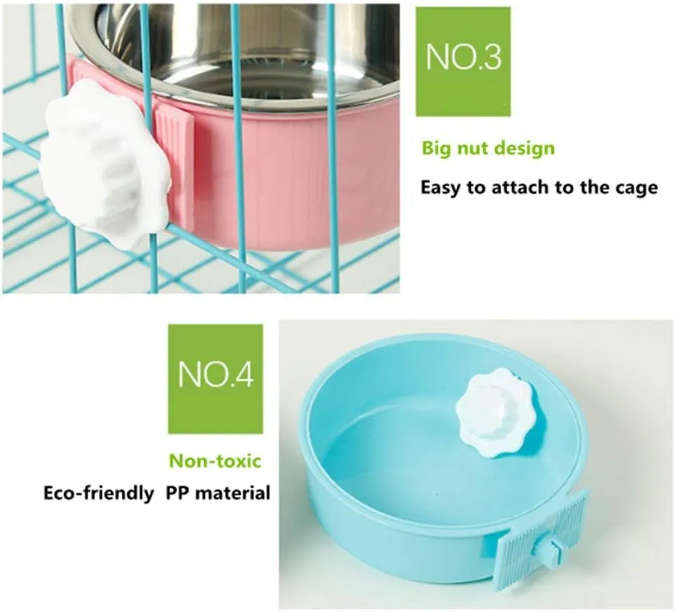 THAIN Crate Dog Bowl Removable Stainless Steel Hanging Pet Cage Bowl Water Food Feeder Coop Cup for Cat, Puppy, Birds, Rats, Guinea Pigs (Small, Blue)