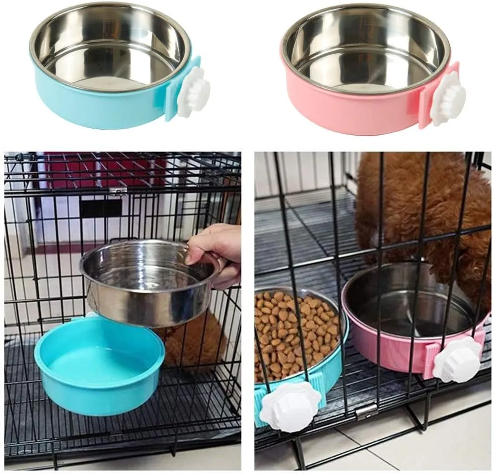 THAIN Crate Dog Bowl Removable Stainless Steel Hanging Pet Cage Bowl Water Food Feeder Coop Cup for Cat, Puppy, Birds, Rats, Guinea Pigs (Small, Blue)