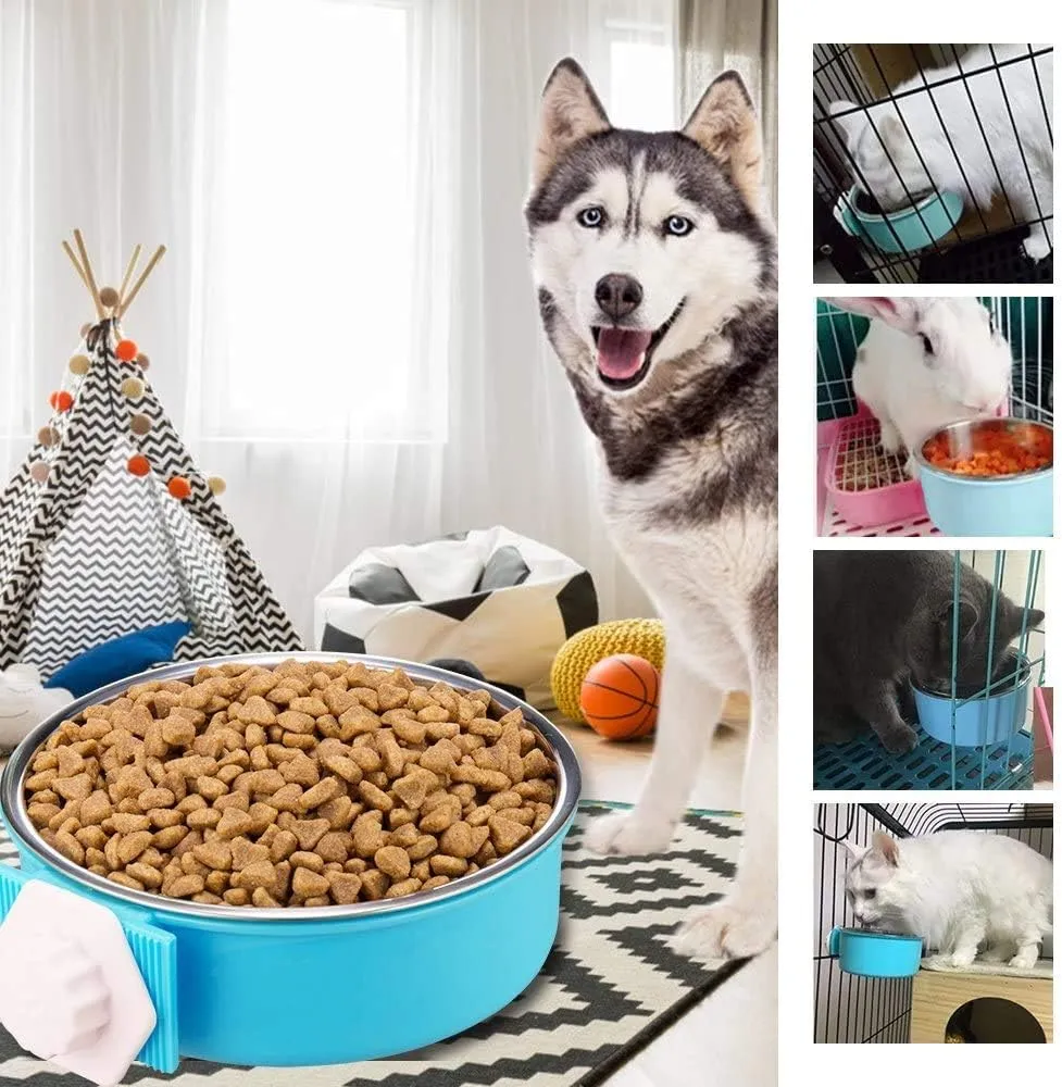 THAIN Crate Dog Bowl Removable Stainless Steel Hanging Pet Cage Bowl Water Food Feeder Coop Cup for Cat, Puppy, Birds, Rats, Guinea Pigs (Small, Blue)